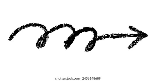 Hand drawn simple arrow drawn with wax crayon, chalk or charcoal. Uneven dry texture for underlining highlighting. Pencil drawn lines, strikethrough, grungy vector isolated on white.