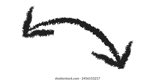 Hand drawn simple arrow drawn with wax crayon, chalk or charcoal. Uneven dry texture for underlining highlighting. Pencil drawn lines, strikethrough, grungy vector isolated on white.