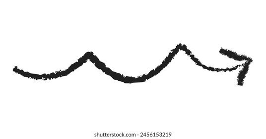 Flecha simple dibujada a mano dibujada con cera de crayón, tiza o carbón. Textura seca desigual para resaltar el subrayado. Líneas dibujadas a lápiz, tachado, Vector grungy aislado en blanco.