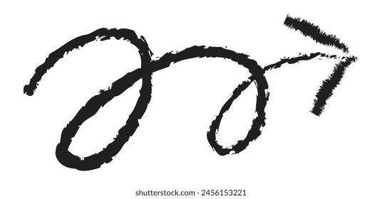 Hand drawn simple arrow drawn with wax crayon, chalk or charcoal. Uneven dry texture for underlining highlighting. Pencil drawn lines, strikethrough, grungy vector isolated on white.
