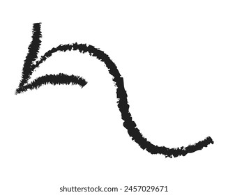 Flecha simple dibujada a mano dibujada con cera de crayón, tiza o carbón. Textura seca desigual para resaltar el subrayado. Líneas dibujadas a lápiz, tachado, Vector grungy aislado en blanco.