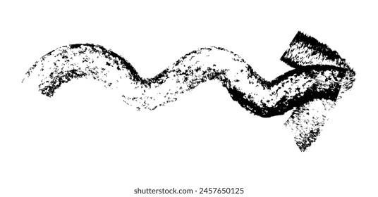 Flecha simple dibujada a mano dibujada con cera de crayón, tiza o carbón. Textura seca desigual para resaltar el subrayado. Líneas dibujadas a lápiz, tachado, Vector grungy aislado en blanco.
