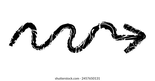 Flecha simple dibujada a mano dibujada con cera de crayón, tiza o carbón. Textura seca desigual para resaltar el subrayado. Líneas dibujadas a lápiz, tachado, Vector grungy aislado en blanco.