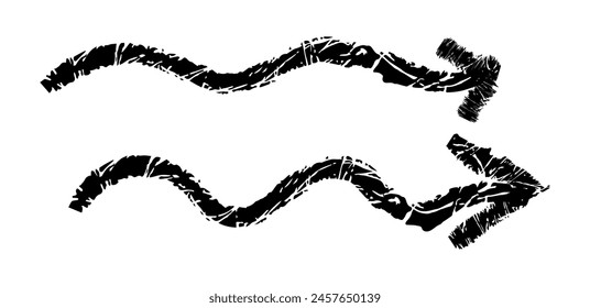 Hand drawn simple arrow drawn with wax crayon, chalk or charcoal. Uneven dry texture for underlining highlighting. Pencil drawn lines, strikethrough, grungy vector isolated on white.