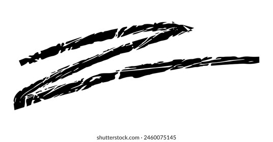 Hand drawn simple arrow drawn with wax crayon, chalk or charcoal. Uneven dry texture for underlining highlighting. Pencil drawn lines, strikethrough, grungy vector isolated on white.