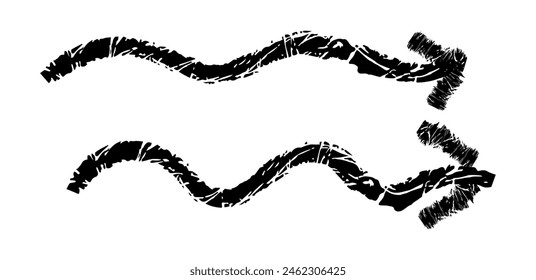 Flecha simple dibujada a mano dibujada con cera de crayón, tiza o carbón. Textura seca desigual para resaltar el subrayado. Líneas dibujadas a lápiz, tachado, Vector grungy aislado en blanco.