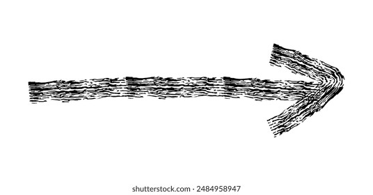 Hand drawn simple arrow drawn with wax crayon, chalk or charcoal. Uneven dry texture for underlining highlighting. Pencil drawn lines, strikethrough, grungy vector isolated on white