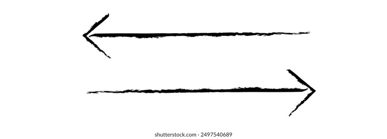 Flecha simple dibujada a mano dibujada con crayón de cera, tiza o carbón. Textura seca desigual para subrayar y resaltar. Líneas dibujadas a lápiz, tachadas, Vector sucio aislado en blanco.