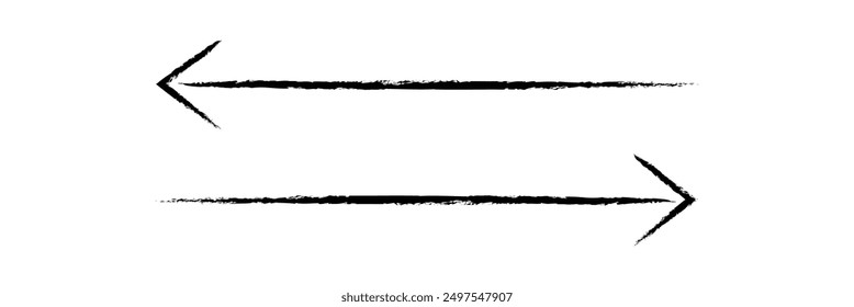 Flecha simple dibujada a mano dibujada con crayón de cera, tiza o carbón. Textura seca desigual para subrayar y resaltar. Líneas dibujadas a lápiz, tachadas, Vector sucio aislado en blanco.

