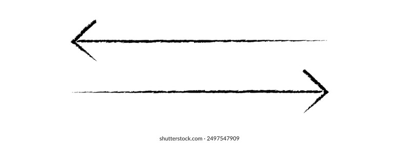 Flecha simple dibujada a mano dibujada con crayón de cera, tiza o carbón. Textura seca desigual para subrayar y resaltar. Líneas dibujadas a lápiz, tachadas, Vector sucio aislado en blanco.

