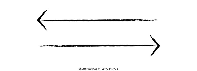 Hand drawn simple arrow drawn with wax crayon, chalk or charcoal. Uneven dry texture for underlining highlighting. Pencil drawn lines, strikethrough, grungy vector isolated on white.

