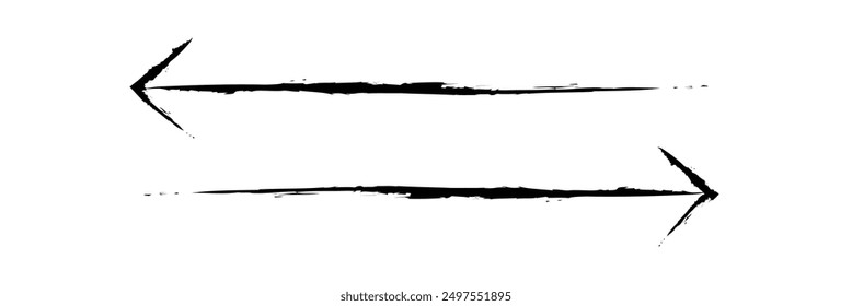 Hand drawn simple arrow drawn with wax crayon, chalk or charcoal. Uneven dry texture for underlining highlighting. Pencil drawn lines, strikethrough, grungy vector isolated on white.