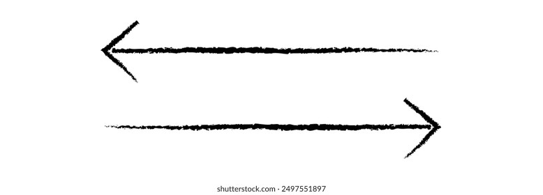 Hand drawn simple arrow drawn with wax crayon, chalk or charcoal. Uneven dry texture for underlining highlighting. Pencil drawn lines, strikethrough, grungy vector isolated on white.