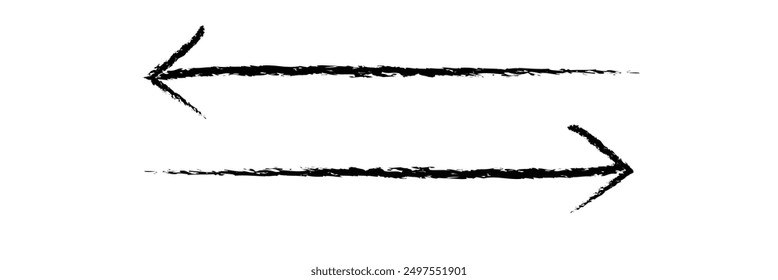 Hand drawn simple arrow drawn with wax crayon, chalk or charcoal. Uneven dry texture for underlining highlighting. Pencil drawn lines, strikethrough, grungy vector isolated on white.