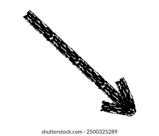 Handgezeichneter einfacher Pfeil mit Wachskreide, Kreide oder Holzkohle. Unregelmäßige trockene Textur zur Unterstreichung der Hervorhebung. Mit Bleistift gezeichnete Linien, durchgestrichen, farbiger Vektor einzeln auf Weiß.