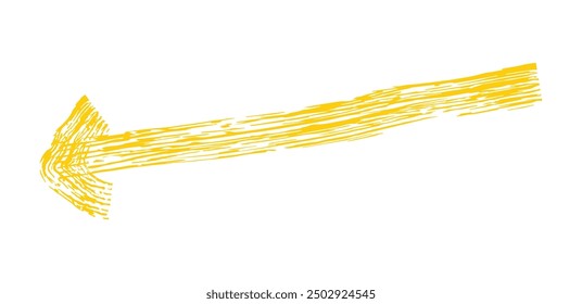 Flecha simple dibujada a mano dibujada con crayón de cera, tiza o carbón. Textura seca desigual para subrayar y resaltar. Líneas dibujadas a lápiz, tachadas, Vector sucio aislado en blanco.