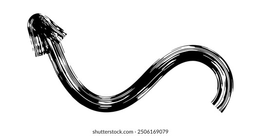 Flecha simple dibujada a mano dibujada con crayón de cera, tiza o carbón. Textura seca desigual para subrayar y resaltar. Líneas dibujadas a lápiz, tachadas, Vector sucio aislado en blanco.