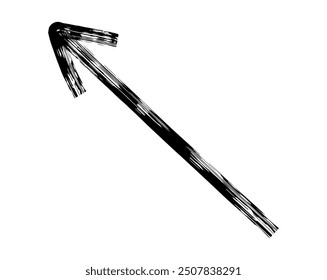 Flecha simple dibujada a mano dibujada con crayón de cera, tiza o carbón. Textura seca desigual para subrayar y resaltar. Líneas dibujadas a lápiz, tachadas, Vector sucio aislado en blanco.