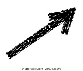 Flecha simple dibujada a mano dibujada con crayón de cera, tiza o carbón. Textura seca desigual para subrayar y resaltar. Líneas dibujadas a lápiz, tachadas, Vector sucio aislado en blanco.