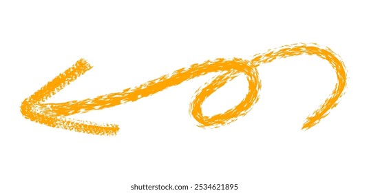 Flecha simple dibujada a mano dibujada con crayón de cera, tiza o carbón. Textura seca desigual para subrayar y resaltar. Líneas dibujadas a lápiz, tachadas, Vector sucio aislado en blanco.