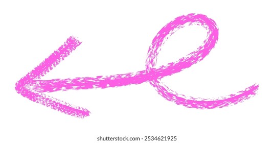 Flecha simple dibujada a mano dibujada con crayón de cera, tiza o carbón. Textura seca desigual para subrayar y resaltar. Líneas dibujadas a lápiz, tachadas, Vector sucio aislado en blanco.