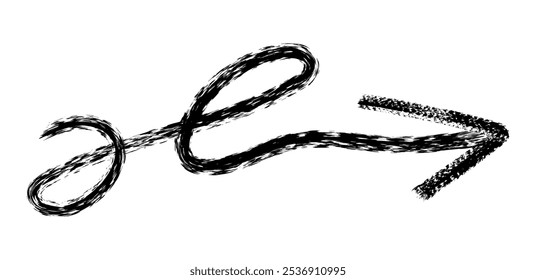 Flecha simple dibujada a mano dibujada con crayón de cera, tiza o carbón. Textura seca desigual para subrayar y resaltar. Líneas dibujadas a lápiz, tachadas, Vector sucio aislado en blanco.
