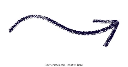 Flecha simple dibujada a mano dibujada con crayón de cera, tiza o carbón. Textura seca desigual para subrayar y resaltar. Líneas dibujadas a lápiz, tachadas, Vector sucio aislado en blanco.