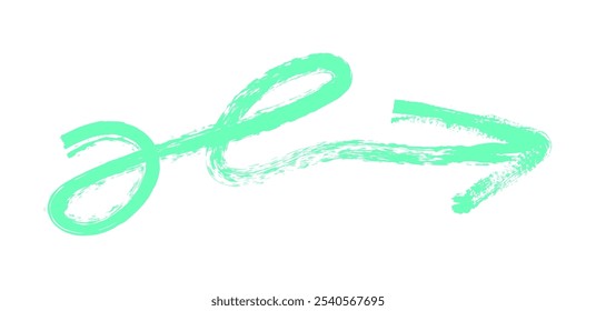 Flecha simple dibujada a mano dibujada con crayón de cera, tiza o carbón. Textura seca desigual para subrayar y resaltar. Líneas dibujadas a lápiz, tachadas, Vector sucio aislado en blanco.