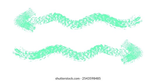 Flecha simple dibujada a mano dibujada con crayón de cera, tiza o carbón. Textura seca desigual para subrayar y resaltar. Líneas dibujadas a lápiz, tachadas, Vector sucio aislado en blanco.
