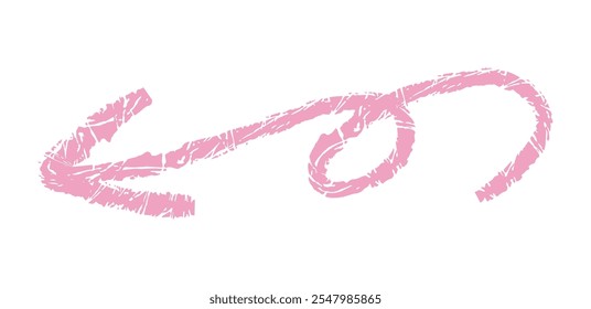 Flecha simple dibujada a mano dibujada con crayón de cera, tiza o carbón. Textura seca desigual para subrayar y resaltar. Líneas dibujadas a lápiz, tachadas, Vector sucio aislado en blanco.