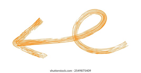 Flecha simple dibujada a mano dibujada con crayón de cera, tiza o carbón. Textura seca desigual para subrayar y resaltar. Líneas dibujadas a lápiz, tachadas, Vector sucio aislado en blanco.