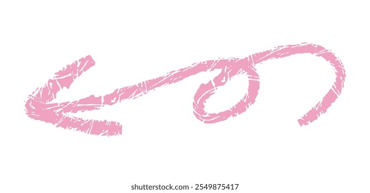 Flecha simple dibujada a mano dibujada con crayón de cera, tiza o carbón. Textura seca desigual para subrayar y resaltar. Líneas dibujadas a lápiz, tachadas, Vector sucio aislado en blanco.