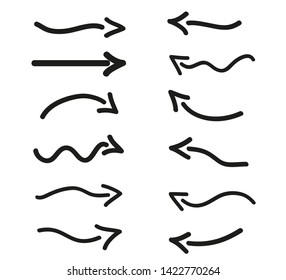 Hand drawn simple arrows. Line art. Set of different pointers. Abstract indicators. Black and white illustration. Doodles for artwork