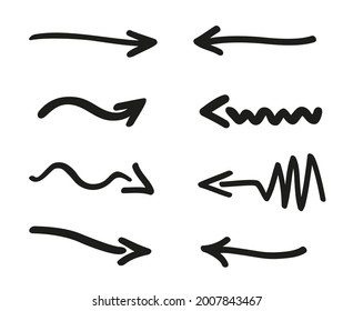Handgezeichnete einfache Pfeile. Line Art. Set von verschiedenen Zeigern. Abstrakte Indikatoren. Schwarz-Weiß-Illustration