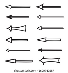 Hand drawn simple arrows. Set of different pointers. Abstract indicators. Black and white illustration