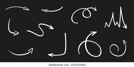 Hand drawn simple arrows. Set of different pointers. Abstract indicators. Black and white illustration