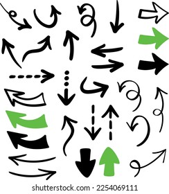 Juego de flechas simples dibujadas a mano. Varias flechas de forma. Diseño de Doodle
