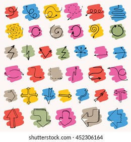 Hand drawn simple arrows set. Beautiful vintage arrows on colorful stains made in vector. Fully editable business design element.