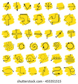 Hand drawn simple arrows set. Beautiful vintage black arrows on yellow stains made in vector. Fully editable business design element. EPS 8