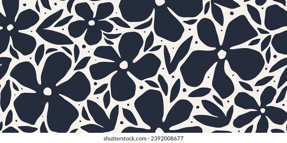 Hand drawn simple black abstract floral seamless pattern. black simple flower pattern. 