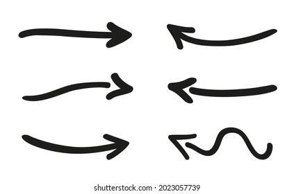 Hand drawn simple black arrow. Line art. Set of different arrows. Abstract indicators. Black and white illustration