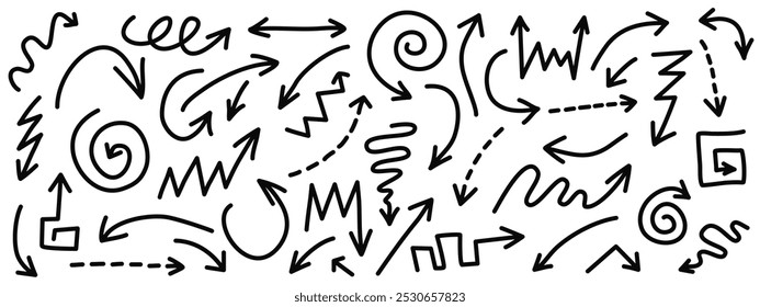 Hand drawn simple black arrow set. Hand drawn icons of various arrows on white background. Vector lines arrows collection