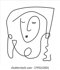 Hand drawn simple black and white trendy line portrait art. Abstract composition. Monochrome print for clothes, textile and other.