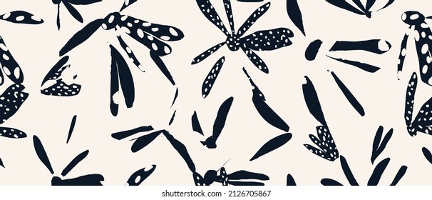 Hand drawn simple black and white abstract floral print. Modern collage pattern. Fashionable template for design.
