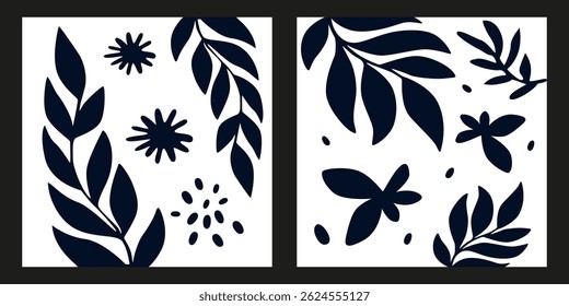 Hand drawn simple black and white abstract floral poster. Boho doodle floral silhouettes. Abstract illustrations for wall decoration, interior, prints, cover, postcard