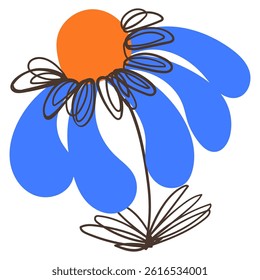 Hand Drawn Simple Blue Flower in Doodle Style. Colorful plant with cute line sketches of branches isolated on white background. Nature herb perfect for invitations, cards, posters, holidays