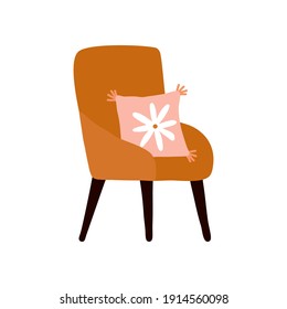 Hand drawn simple Boho style living room interior Cozy chair with floral pillow flat vector illustration.