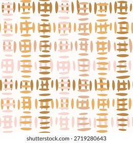 Hand drawn simple brush marks forming a minimalist checks pattern in colors of pink, brown, yellow and cream on off white background. Abstract geometric seamless vector pattern. Great for home decor, fabric, wallpaper, gift wrap, stationery, packaging design projects.