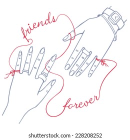 Hand drawn simple card with two female hands connected by the red string of fate with words "friends forever"