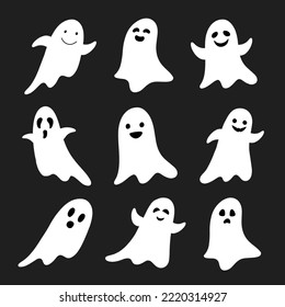 Hand drawn simple cartoon ghosts set. Cute Halloween characters. Vector illustration